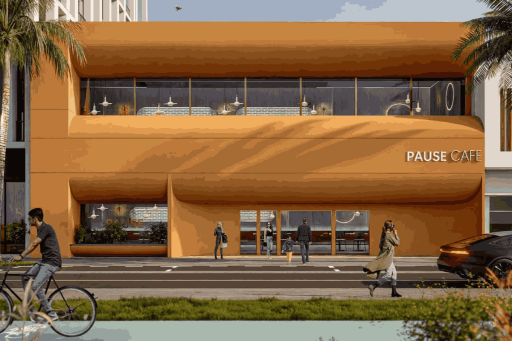 Café modern dengan warna cerah yang mencolok.