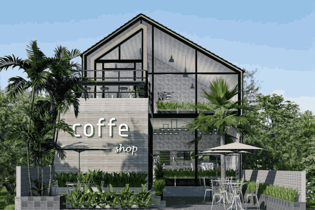 Café scandinavian 2 lantai yang didominasi kaca